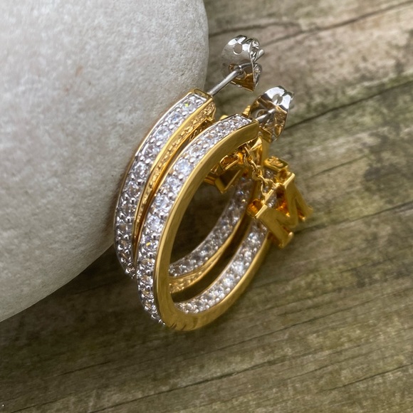 Danbury Mint Initial Hoop Earrings 14k gold plated w/ Diamonisse diamonds K & M - Picture 7 of 13